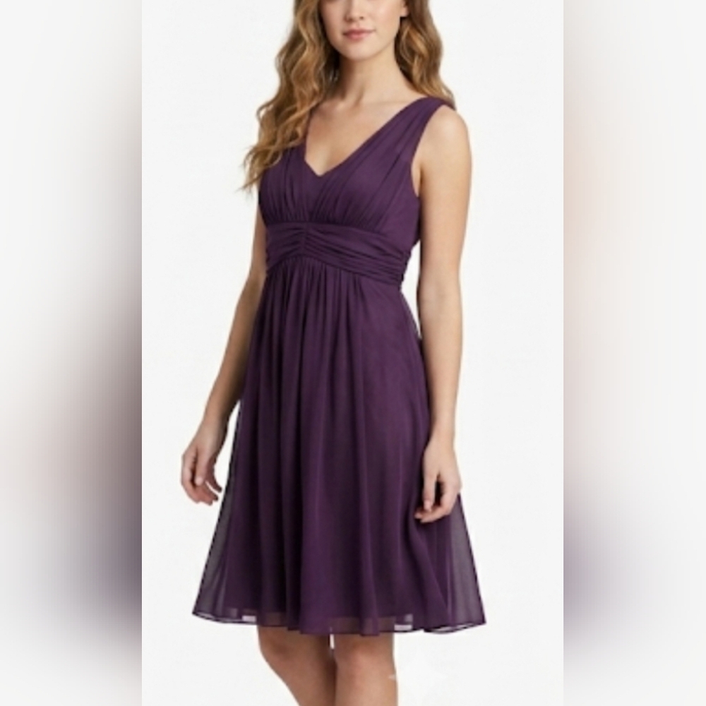 Purple Chiffon V-Neck Ruched Empire Waist Cocktail Dress size:M